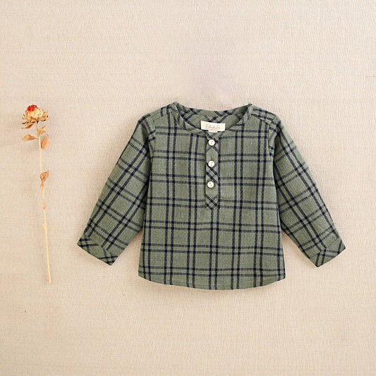 Camisa bebé niño verde oliva con cuadros azules