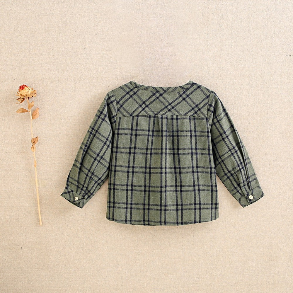 Camisa bebé niño verde oliva con cuadros azules