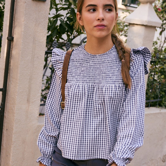 Blusa teen cuadros vichy azul y blanco con pecho elástico Colección Encantada