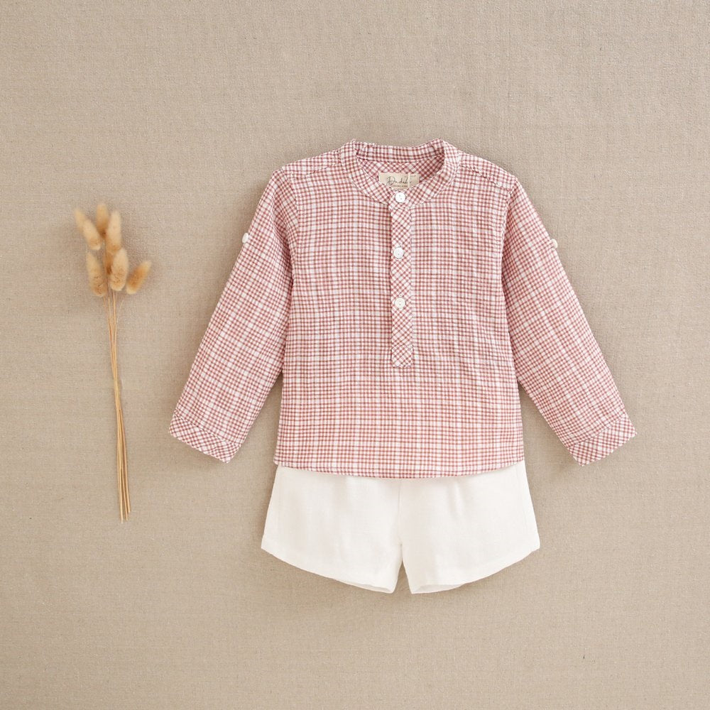 Conjunto camisa remangable cuadros coral suave