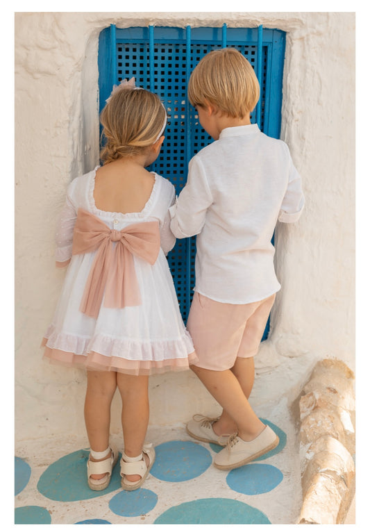 Vestido ceremonia niña plumeti blanco y rosa empolvado Colección Libertad